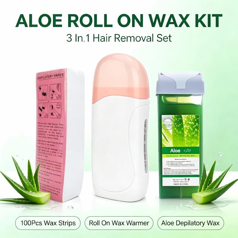 Waxing Kit Home - ชุดแว็กซ์แบบพกพาพร้อมเครื่องทำความร้อนแว็กซ์แบบโรลออน แว็กซ์กำจัดขนแบบโรลออน แผ่นแว็กซ์ 100 ชิ้น อุปกรณ์กำจัดขนสำหรับขา