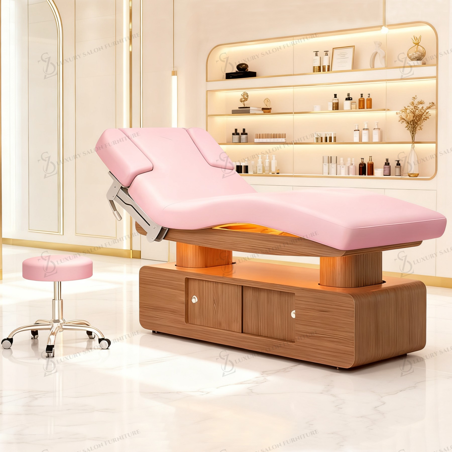 Wellness Spa And Salon - เตียงเสริมความงามไฟฟ้าอเนกประสงค์สีชมพู รุ่น Luxury 3/4 Motors สำหรับร้านเสริมสวย